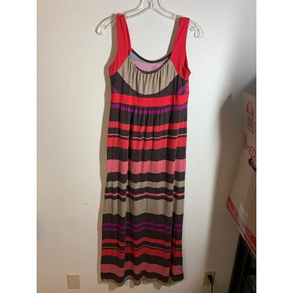 Duo Maternity Maxi Dress Women's Size Small Striped Y2K Retro Red Brown Casual - Picture 1 of 4